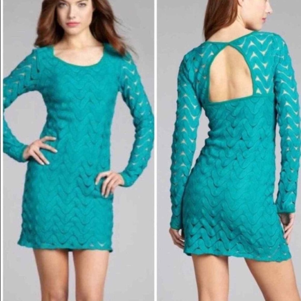 Free People Teal Lace Open Back Long Sleeve Mini Dress Women's Size Small